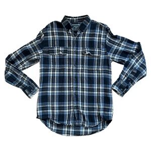 Faded Glory Flannel Navy White Plaid Button Down Shirt Size Small (34-36)